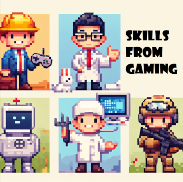 Image showing in retro16 bit visual style a civil engineer, a doctor, a robot,  a computer specialist, and a soldier. The civil engineer is holding a gamepad. There is a caption on the right side saying: skills from gaming